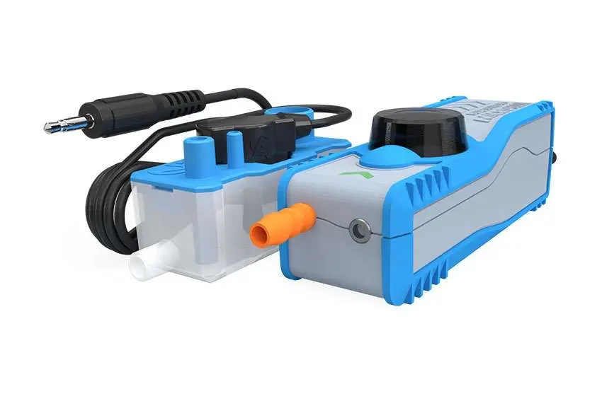 Pompe de relevage Silencieuse MICRO BLUE - Puissance max du climatiseur : 3.5 Kw - Niveau sonore : 17 dB - Débit maximum : 5 l/h - Hauteur refoulement max : 5 m 